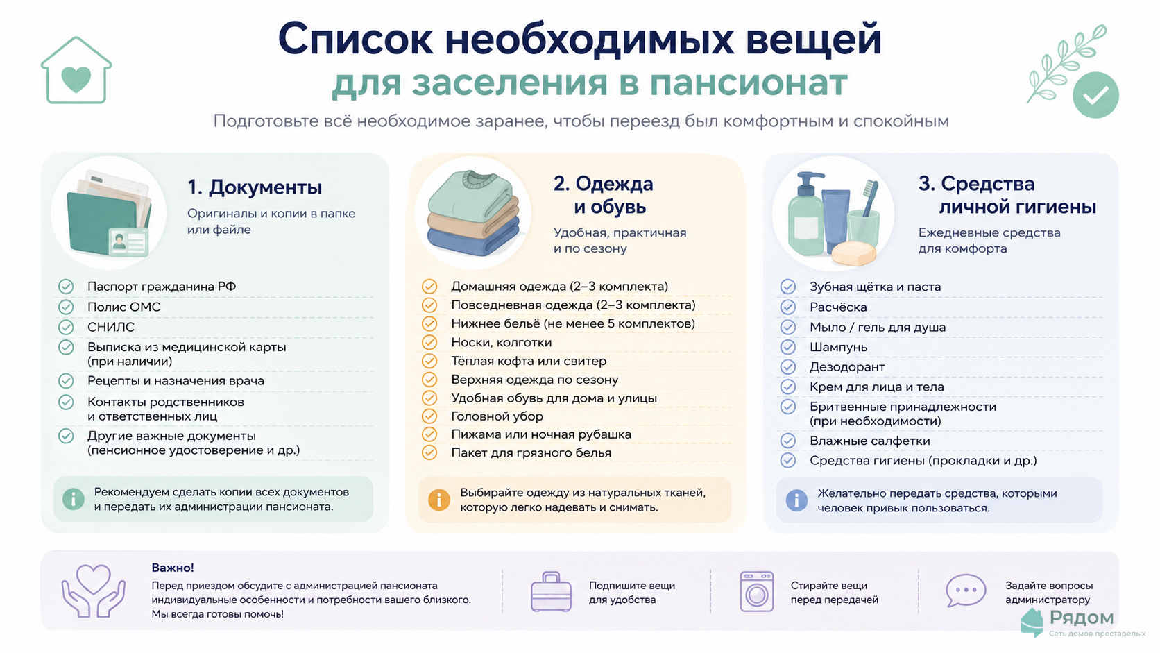 Инфографика чек-листа вещей для пансионата: документы, одежда, средства гигиены