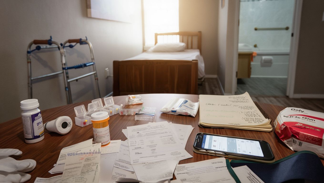 Рецепты, счета и таблетки на столе